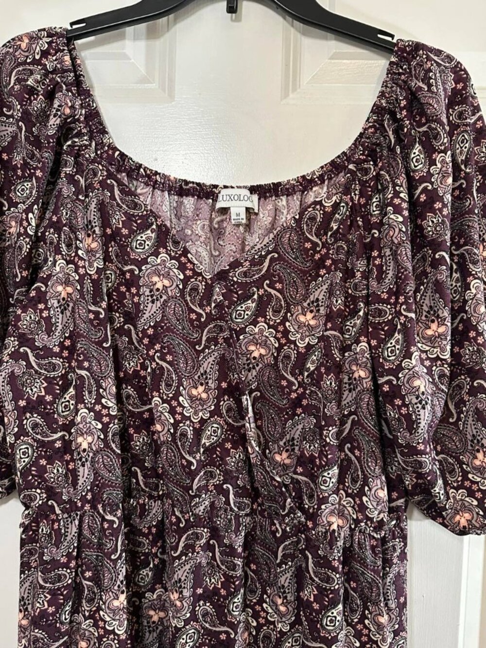Luxologie Burgundy Plum Paisley Puff Sleeve Midi Dress Square Neck Size M